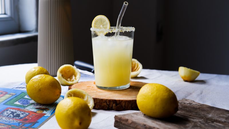 Fresh lemonade in a tall glass with ice